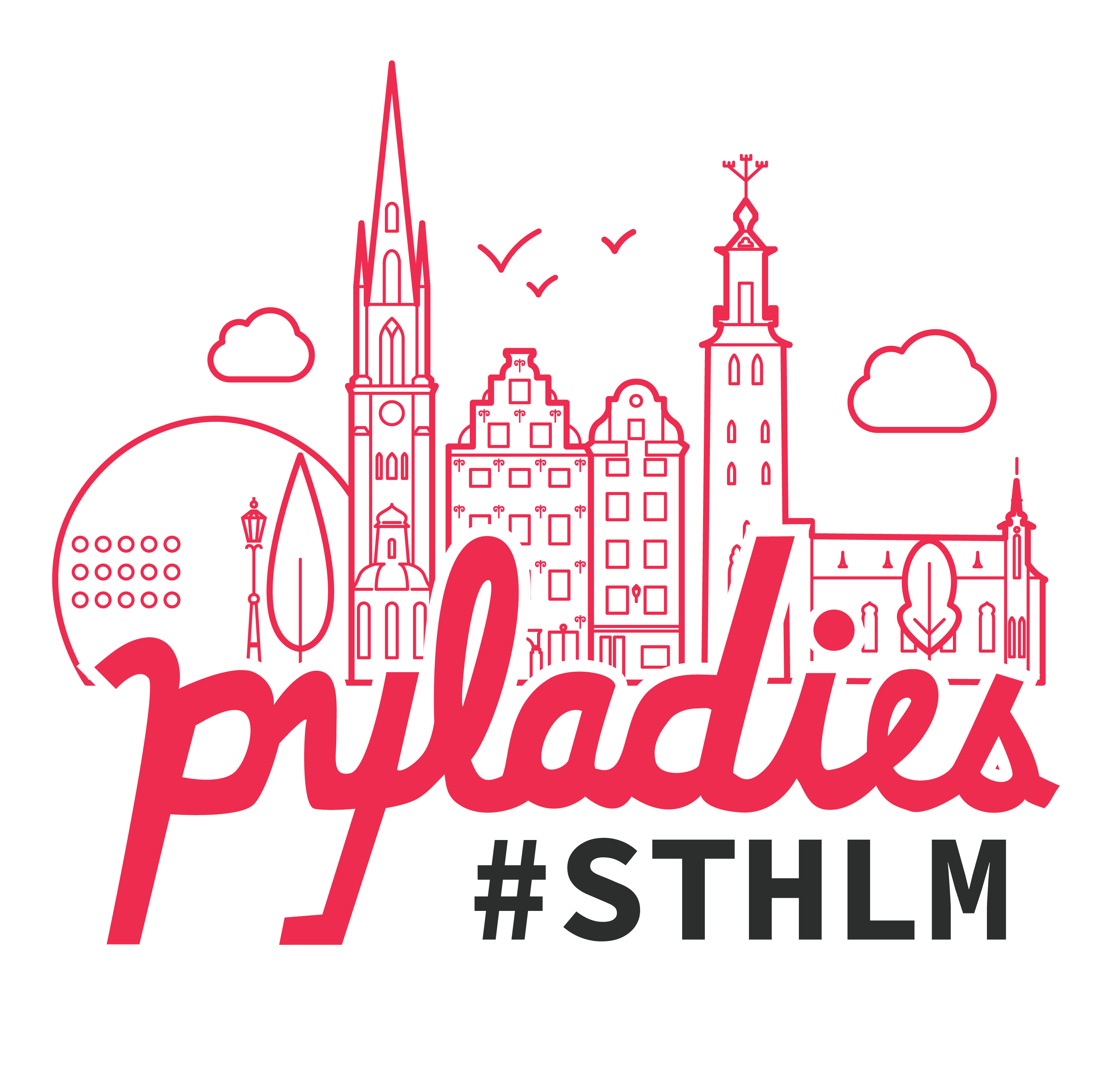 PyLadies Stockholm logo. PyLadies wordmark with a skyline of Stockholm on top and #STHLM underneath.